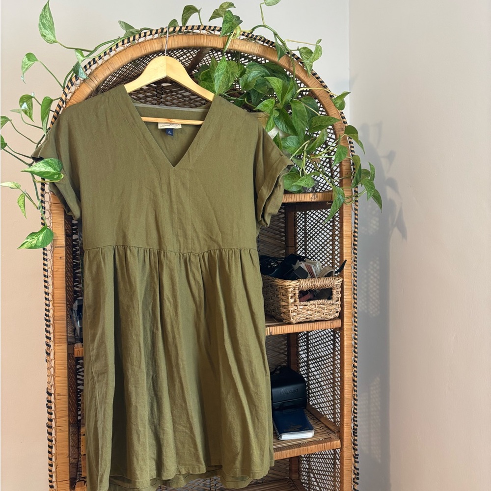 Olive Green Linen V-Neck Dress